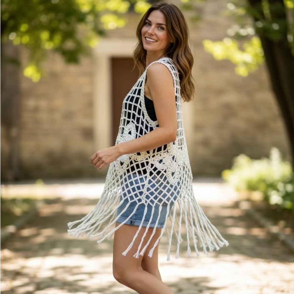 Cato Unique Cream Fringe & Crochet Boho Chic Vest•XL - Picture 7 of 17